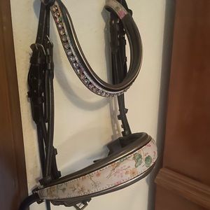 Halter ego custom horse size floral and brown leather snaffle bridle